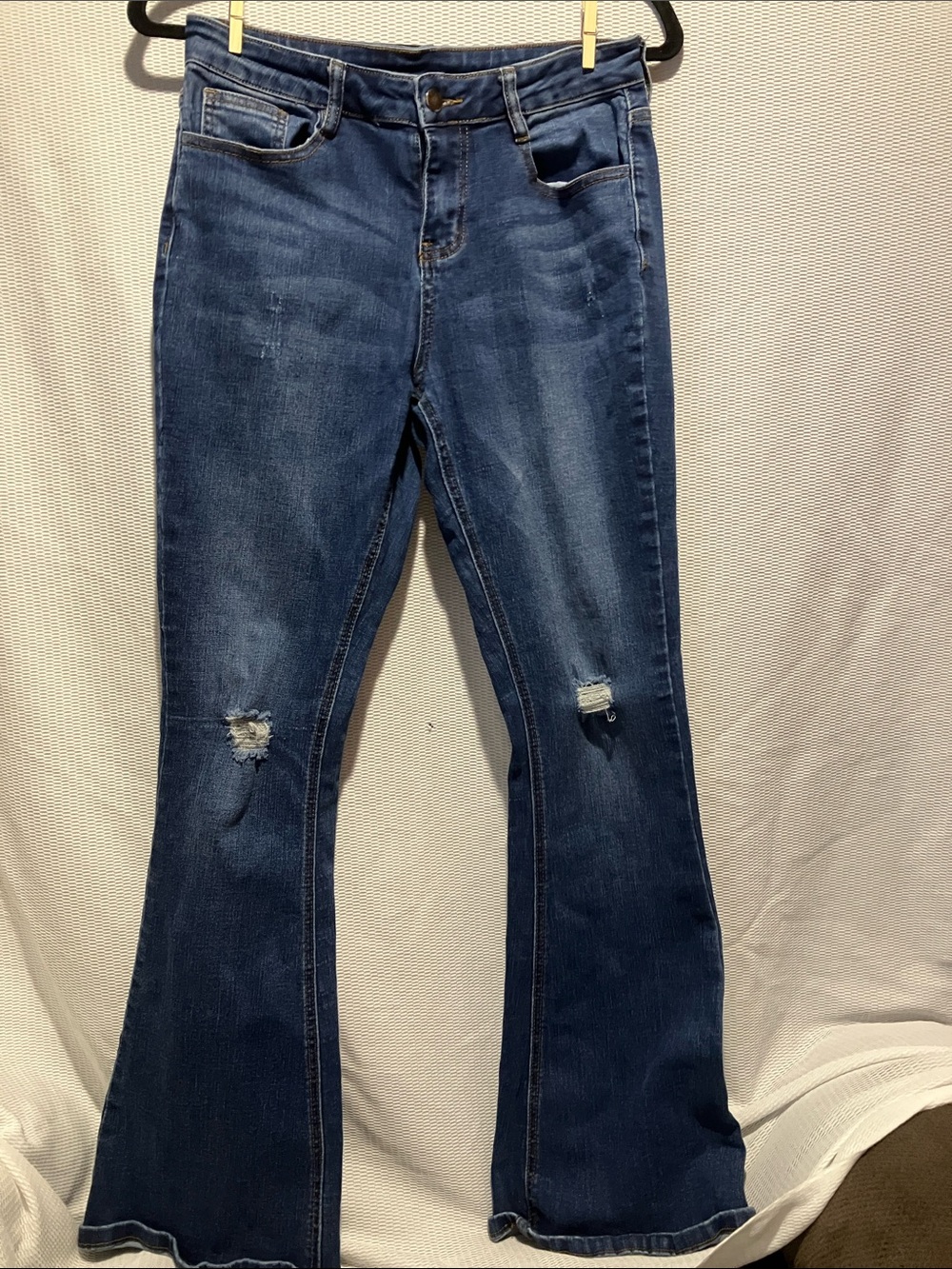 Women's Dark Blue Distressed Flare Jeans - Flared Wide-Leg Denim